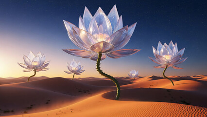 Surreal desert landscape with glowing crystal lotus flowers under a starry sky