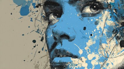Artistic depiction of a face with blue paint splatters and detailed illustration