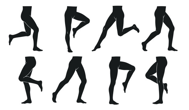 A collection of silhouettes depicting various leg and foot poses showcasing dynamic movement and anatomical studies in black and white