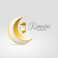 simple ramadan kareem background with 3d crescent and lantern in white and gold color