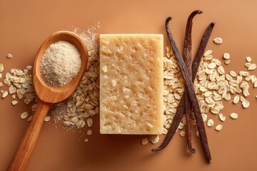 Top view of a piece of handmade oatmeal soap with oat flakes and vanilla sticks on natural background. Concept of hobby, organic spa and skin care.