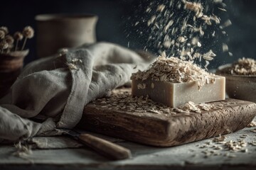 Сlose-up of  natural organic handmade oatmeal soap with vanilla, with scattered dry ingredients and  tool with  wooden handle. DIY Concept