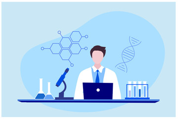 Professional scientists and chemical researcher working and analysis in laboratory experiment vector Illustration. Medical laboratory, research experiment biology molecular concept.