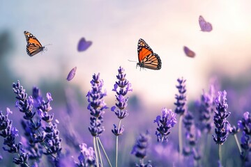 A vibrant garden filled with purple flowers and butterflies, with a serene lake in the background.