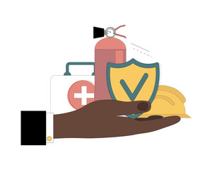 OSHA concept. Ensuring worker safety. Occupational safety. A fire extinguisher, safety helmet, first aid kit, and shield are held in the palm of a hand. Vector flat illustration