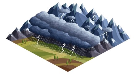 Dramatic Mountain Storm with Lightning and Rain over Forested Slopes.