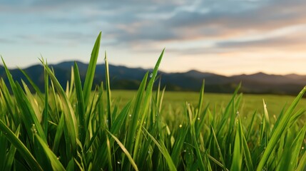 Obraz premium Lush green grass with dew drops in the foreground, set against distant mountains and a beautiful sunset sky.