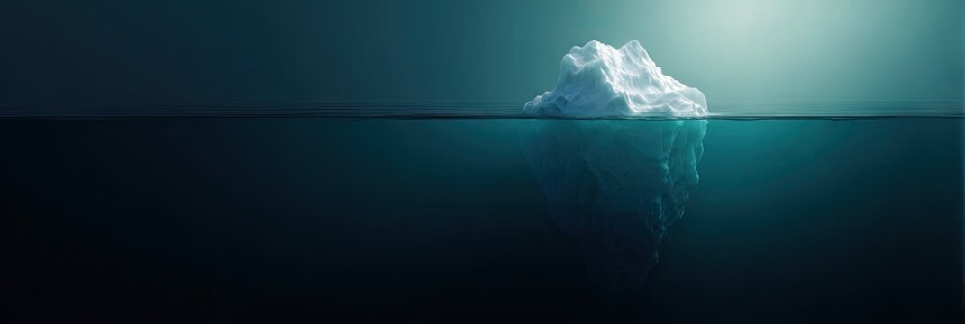 Large iceberg floating in deep blue ocean with visible underwater part. Concept of hidden danger, subconscious mind, tip of the iceberg and business risk.