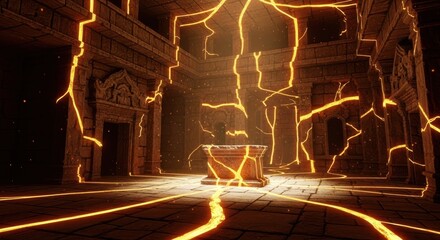 Mysterious Ancient Temple Interior with Glowing Energy Lines.