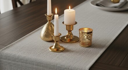 Elegant Table Runner with Brass Candle Holders and Lit Candles.