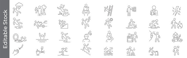 Accident and injury prevention icon set &ndash; editable outline symbols of slip, fall, burn, electric shock, drowning and hazard