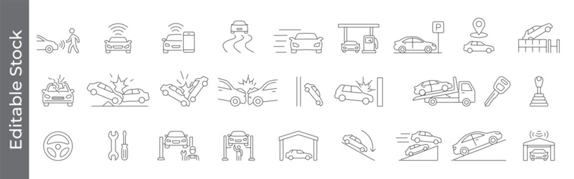 Car accident and auto repair icon set &ndash; editable outline symbols of crash, collision, parking, towing, garage and maintenance
