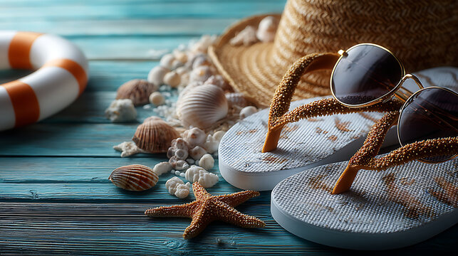 Summer Beach Vacation Essentials - Flip Flops, Sunglasses, Straw Hat, Seashells, Starfish, and Lifebuoy on Rustic Blue Wooden Background - Relaxing Seaside Holiday Scene - Powered by Adobe
