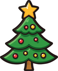 Cartoon Christmas tree icon with star and colorful ornaments