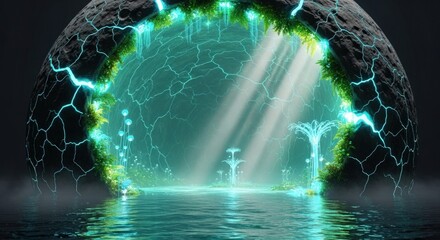 Mystical Portal to Another World with Glowing Lights and Water.
