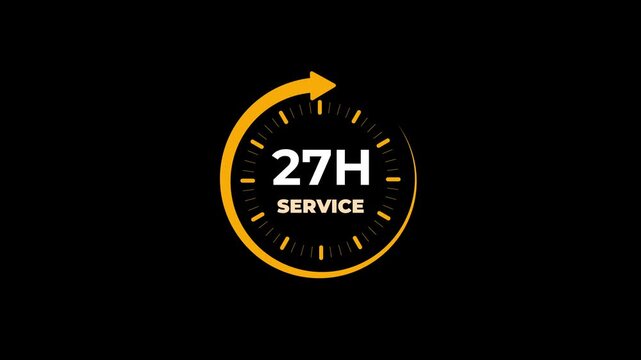 27 hours service clock icon. Online customer care, live chat support, and real-time customer assistance to ensure complete customer satisfaction.
