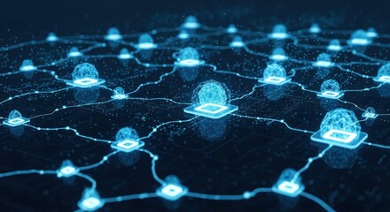 Abstract Digital Network of Glowing Blue Nodes Connected by Lines.