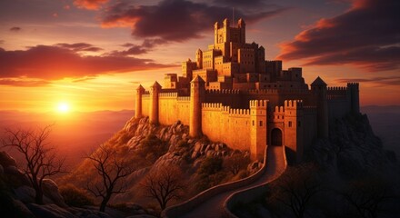 Majestic Medieval Castle Bathed in Golden Sunset Light.