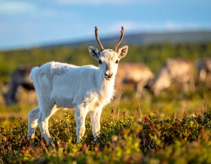 A white reindeer stands, gazing forward, in a grassy field