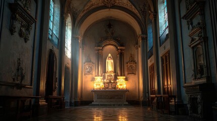 Obraz premium Interior view of an old church with architectural details and light beams