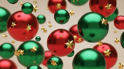 Floating red and green Christmas ornaments with golden stars creating a playful festive background for holiday designs