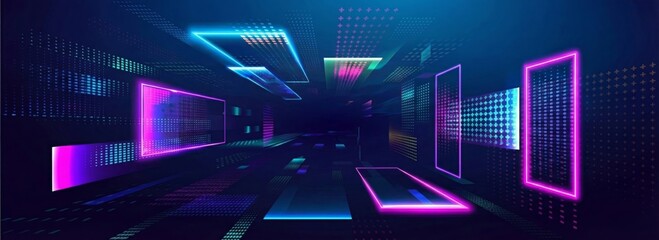 Abstract digital tunnel with vibrant neon lights in blue, purple, and pink hues, creating a modern and futuristic atmosphere with geometric patterns.