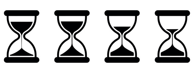 Set of four hourglasses with varying sand levels on white background vector.