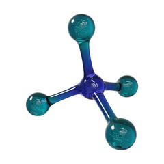 Blue Glass Molecular Model With Four Arms, Central Sphere, Scientific Chemistry 3D Render