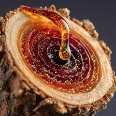 Glowing amber resin swirls on tree stump with sparkles