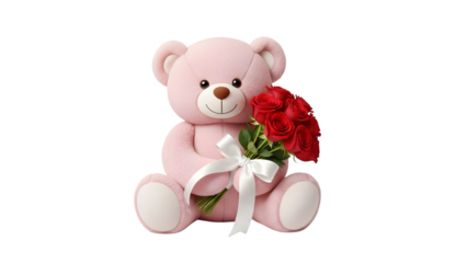 Pink teddy bear holding red roses isolated on transparent background