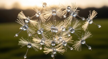 Macro shot of dandelion seeds with water droplets in soft sunlight.