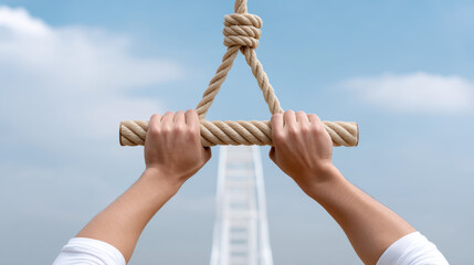 Hopeful hands grasp rope against sky. future looks bright and optimistic