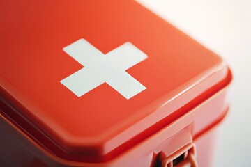 Close up of a neutral medicine container inside an emergency kit, showcasing the vibrant red color and white cross symbol for medical identification