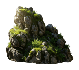 Rock formation with lush greenery nature scene perspective isolated on transparent background