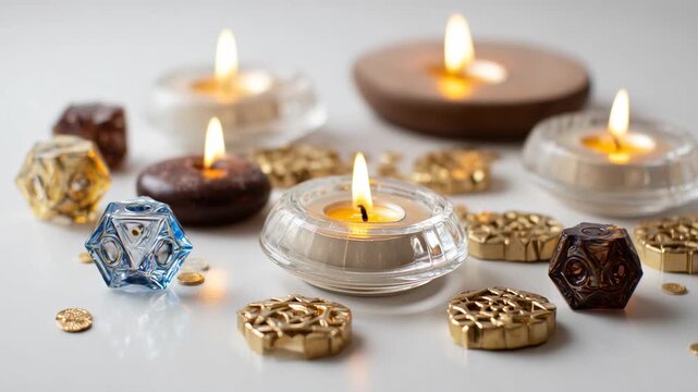 Hanukkah celebration setup with burning candles and chocolate gelt on white background with festive mood