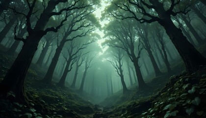 Eerie forest canopy with dense, shadowy trees, creating a mysterious and spooky atmosphere