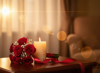 Red roses bouquet with lit candle and ribbon