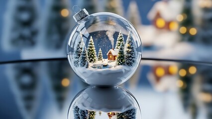 Photorealistic Christmas glass ornament featuring a cozy winter cabin surrounded by snowy pine trees and warm festive lights in a magical holiday atmosphere