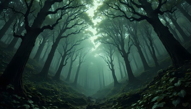 Eerie forest canopy with dense, shadowy trees, creating a mysterious and spooky atmosphere - Powered by Adobe