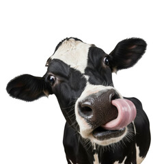 Humorous Cow Playfully Sticking Out Tongue in Nose a Funny Animal Portrait, Ideal for Lighthearted Designs and Social Media Content
