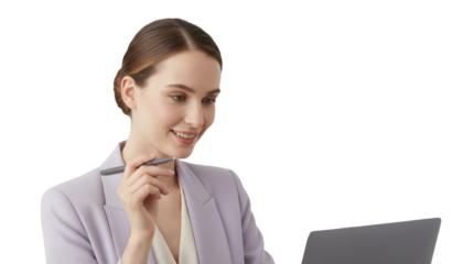 Confident professional German woman smiling while working on laptop, a modern business assistant planning success with a pen in hand. on transparent background