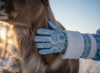 Hand in decorative glove petting reindeer in winter