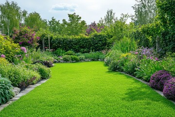 A lush garden with vibrant flowers and verdant trees, set against a backdrop of a serene lake and rolling hills.