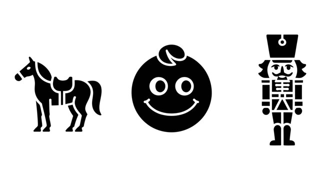 Simple silhouette icons of a horse, a smiling face, and a nutcracker
