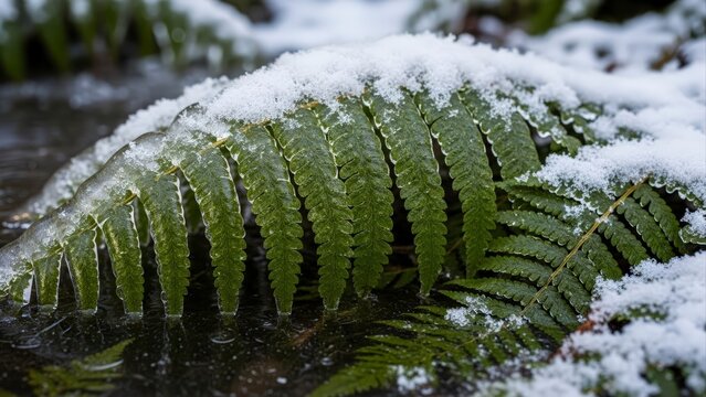 Close up of a green fern frond covered in fresh white snow.