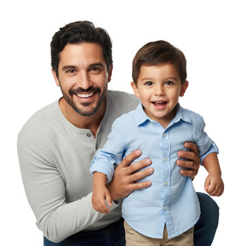 Hispanic father holding on to his four year old son smiling