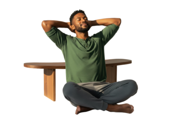 Relaxed African American man sitting taking deep breaths to manage stress at home, on transparent background