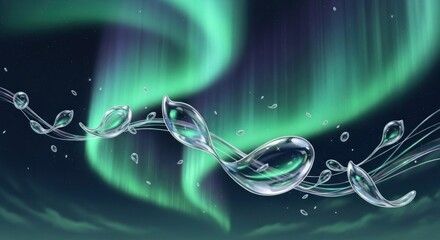 Abstract Aurora Borealis Swirls with Water Droplets and Bubbles.