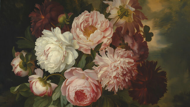 Renaissance oil painting flower bouquet, vintage pink and white peonies on dark background, classic floral still life art, antique botanical blossom texture, for wallpaper, canvas, decor, interior.