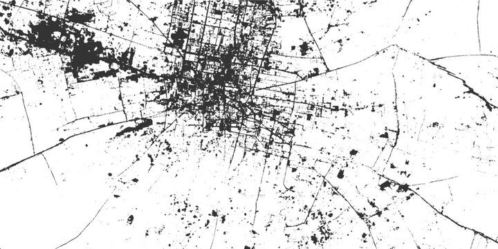 Black and white abstract urban street map pattern with dense city grid and scattered dots